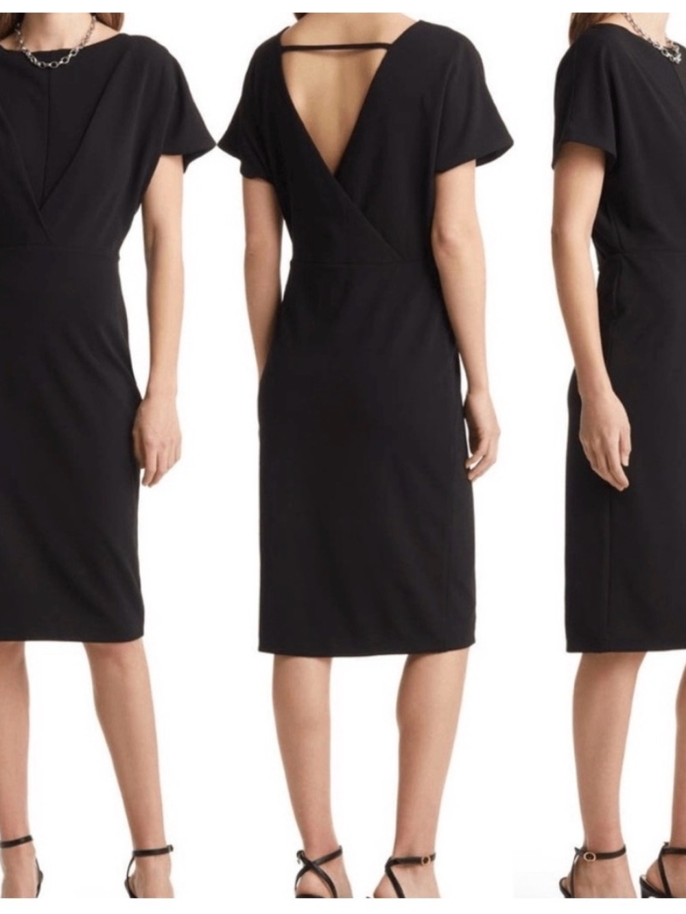 Halogen SHORT SLEEVE HIGH NECK BACK V DRESS Black Sheath Dress - Size XL